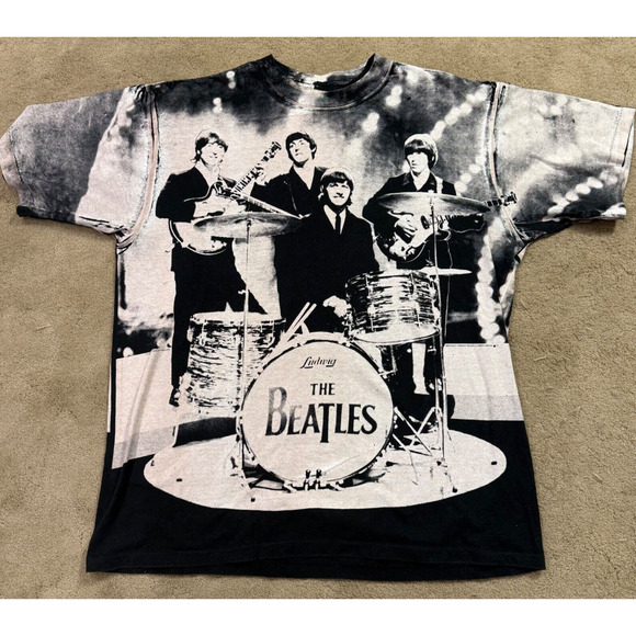 Vintage The Beatles T Shirt Mens XL 90s Band AOP Mosquito Head Style Black Gray - Picture 1 of 7